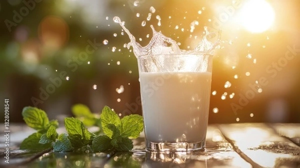 Fototapeta A refreshing splash of milk in a glass with mint leaves on a wooden table, illuminated by sunlight creating a vibrant and inviting scene