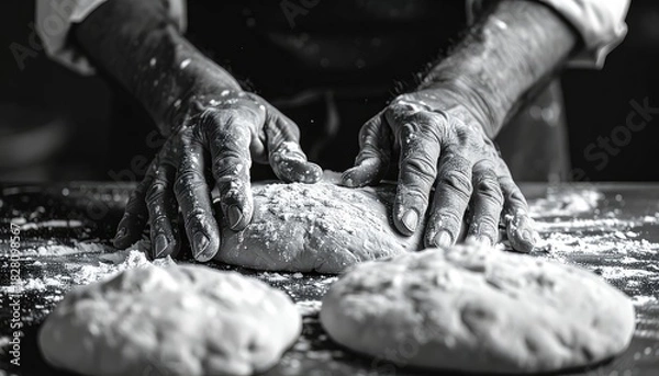 Obraz Close-up black and white image of experienced hands kneading dough dusted with flour.