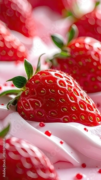 Obraz A vibrant, close-up macro shot of a fresh, glossy red strawberry resting on creamy pink whipped topping.