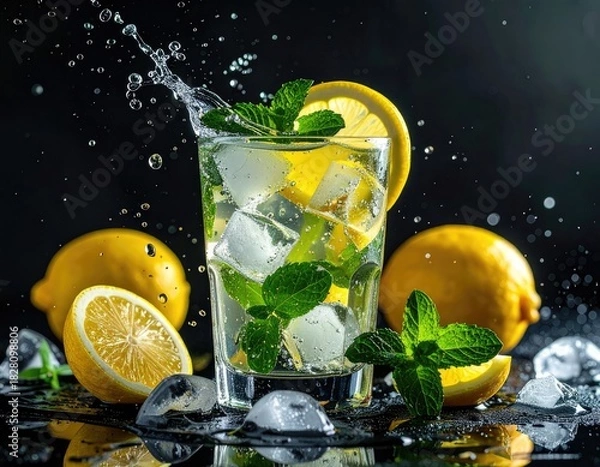 Obraz Refreshing lemon and mint cocktail with splashing water against a dark background.