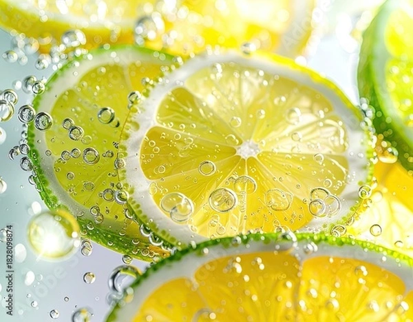 Obraz Vibrant close-up of bright lemon slices submerged in clear, bubbly liquid.
