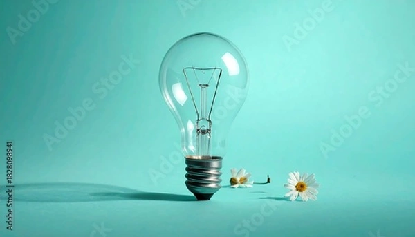 Obraz Clear lightbulb with daisies against a teal background, casting a shadow