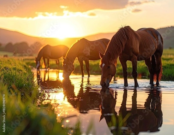 Obraz Three brown horses drink water from a stream during a vibrant golden sunset.
