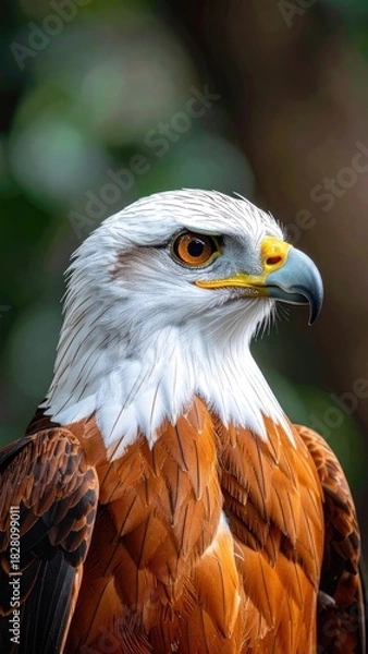 Obraz A striking close-up portrait of a Brahminy Kite showcasing its white head and rich chestnut body feathers.