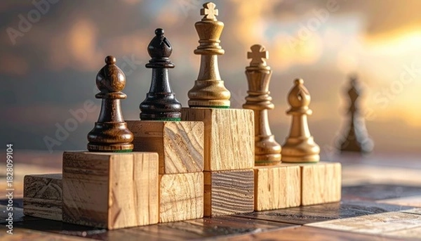 Obraz Chess pieces arranged on wooden blocks symbolizing hierarchy against a sunset backdrop.
