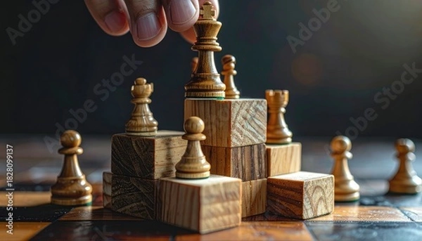 Obraz A hand places a wooden chess king atop a structure of blocks, symbolizing strategy and leadership.