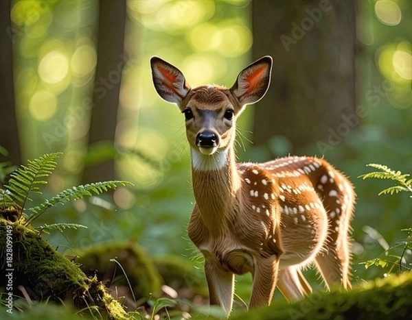 Obraz A charming white-tailed fawn stands alert in a sun-dappled, lush green forest setting.