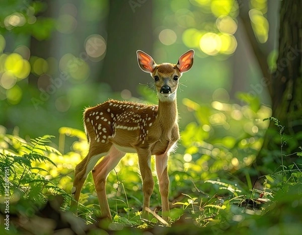 Obraz A spotted fawn stands alertly in a sun-dappled, lush green forest.