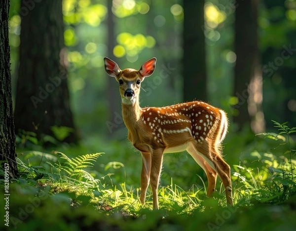 Obraz A spotted fawn stands alert in a sun-dappled, lush green forest.