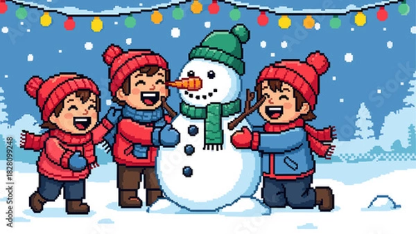 Fototapeta Three happy pixel art children in warm winter clothes joyfully building a cute snowman in a snowy landscape under a string of festive lights