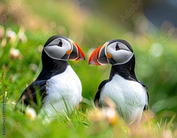 Obraz Two Atlantic Puffins share a moment amidst lush green coastal foliage.