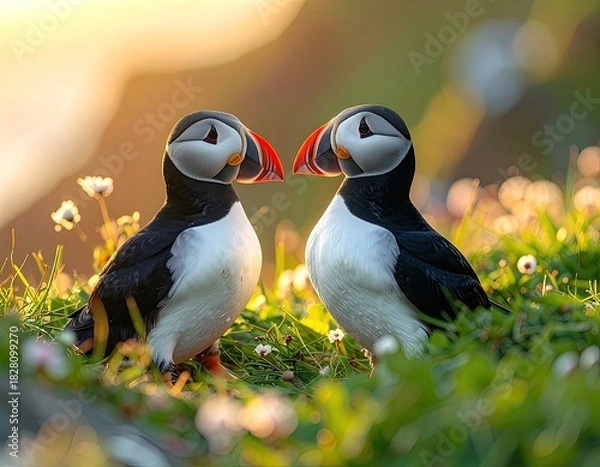 Obraz Two Atlantic Puffins Face Each Other in Golden Hour Grass