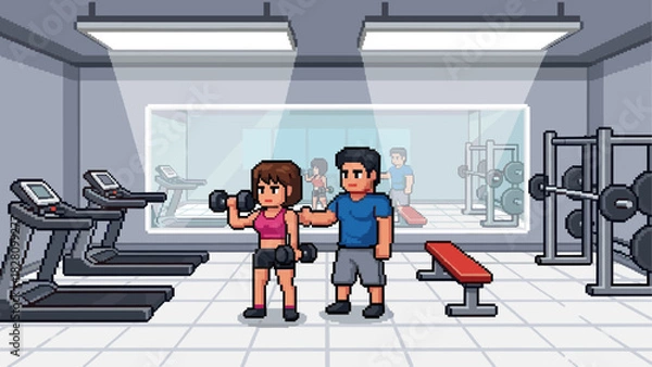 Fototapeta Pixel art illustration of a fitness coach training a woman with dumbbells in a health club scene with exercise equipment, rendered in a retro 8-bit video game aesthetic