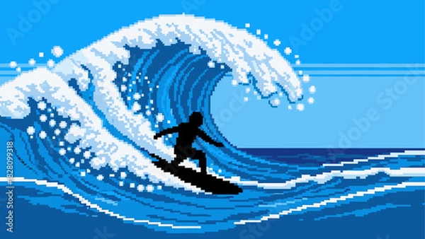 Fototapeta Pixelated surfer silhouette riding a big wave in a retro 8-bit video game style with a dynamic blue ocean and white foam spray under a clear sky