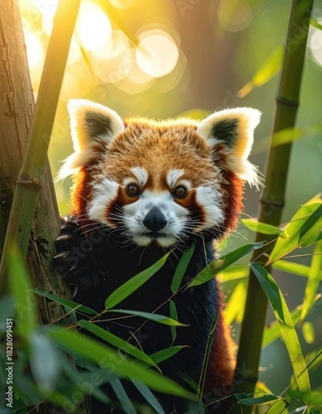 Obraz A captivating red panda peers out from behind lush green bamboo stalks bathed in golden sunlight.