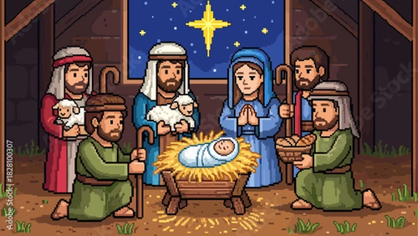 Fototapeta Pixel art nativity scene with a baby in a manger surrounded by his mother, father, and shepherds in a stable under a bright guiding star in a retro 8-bit video game style