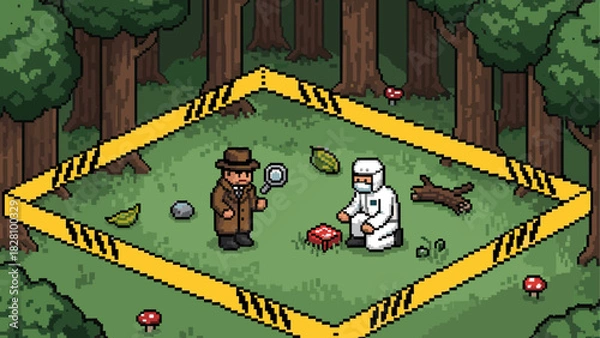 Fototapeta Pixel art illustration of a detective and forensic scientist investigating a crime scene in a forest with yellow caution tape cordoning off the area in an isometric view