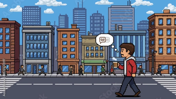Fototapeta Pixel art illustration of a man walking through a busy downtown city scene while thinking about a new message notification, rendered in a retro 8-bit video game style