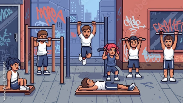 Fototapeta Pixel art illustration of diverse young people exercising together at an outdoor urban gym with pull-up bars and graffiti-covered walls in a retro 8-bit video game style