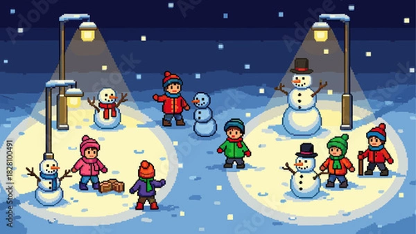 Fototapeta Charming pixel art winter night scene with children building snowmen and playing in the falling snow under glowing streetlights in a cozy, festive atmosphere