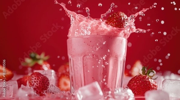 Fototapeta A refreshing strawberry smoothie splashes out of a glass surrounded by ice cubes and fresh strawberries against a vibrant red backdrop