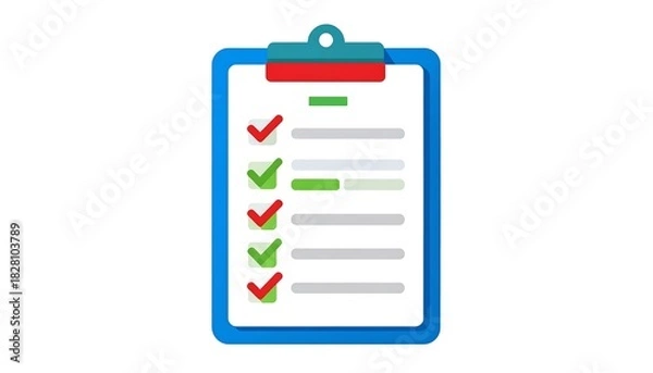Obraz Clipboard with document showing checkmarks, lines, and colored sections indicating reviewed or completed tasks