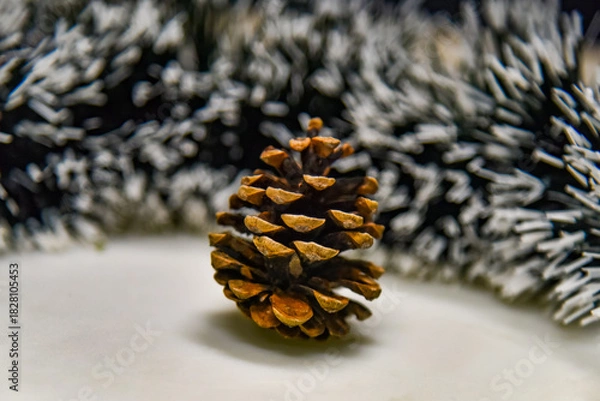Obraz Pine cone and Christmas black and white tinsel for decoration.