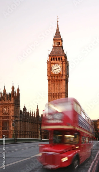 Obraz Scene of Westminster Bridge seen from South Bank, quiet morning double decker bus and fast moving routemaster bus present. 
