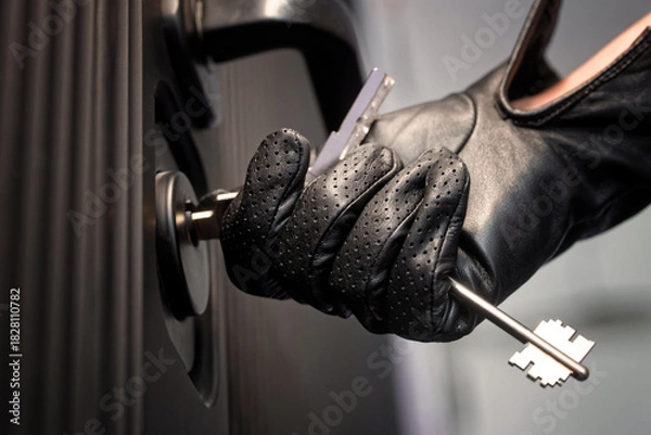 Obraz Hand in black leather glove unlocking armored door with key close up. Concept of burglar picking lock, illegal squatter entering house, and thief stealing property. Photo