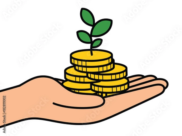 Fototapeta A hand holding a stack of gold coins with a small green plant growing out of the top
