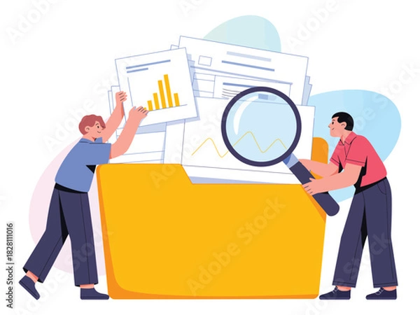 Fototapeta Two people analyzing documents and charts from a yellow folder with a magnifying glass