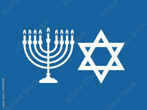 Fototapeta White menorah with lit candles and star of david on a solid blue background image
