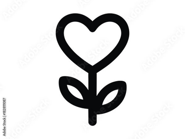 Fototapeta A simple black outline drawing of a heart shaped flower with two leaves on a white background
