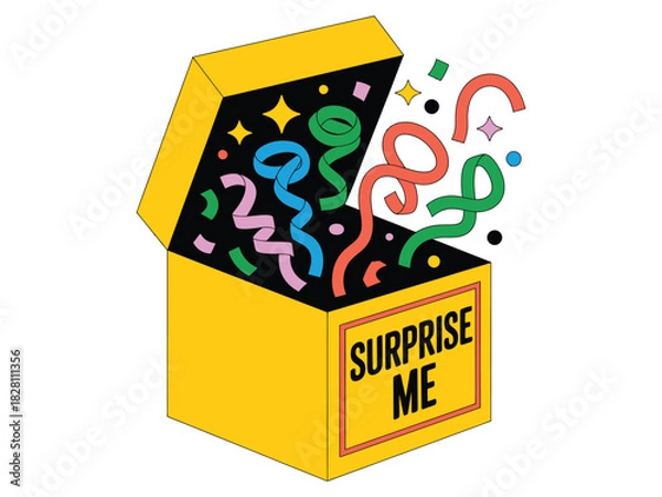 Fototapeta Yellow surprise box with confetti and streamers popping out and surprise me text