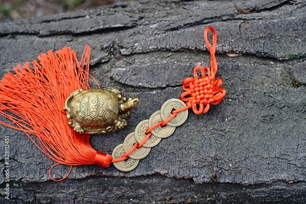 Obraz Chinese coins with red threads and a turtle figurine.
