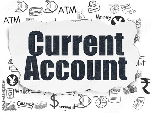 Fototapeta Currency concept: Painted black text Current Account on Torn Paper background with  Hand Drawn Finance Icons