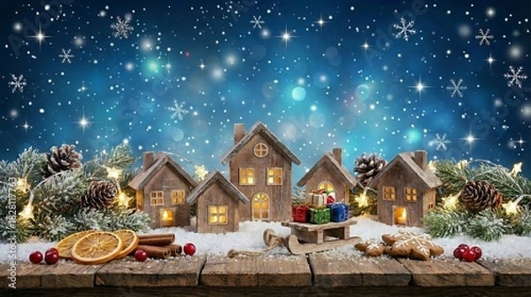 Fototapeta Charming Winter Village Scene With Cozy Wooden Houses And Twinkling Lights On A Snowy Night