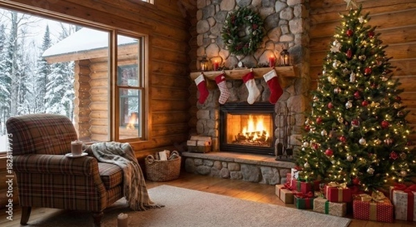 Fototapeta Cozy Log Cabin Living Room Decorated for Christmas with Glowing Fireplace and Snow Outside