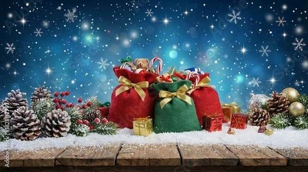 Fototapeta Festive Christmas Sacks Filled With Gifts And Presents On A Snowy Wooden Table With A Blue Bokeh Background