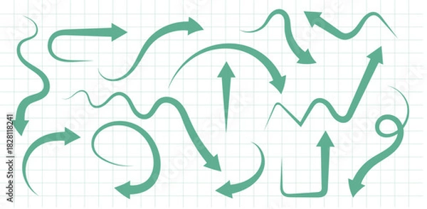 Fototapeta Green Arrows - Dynamic Directional Symbols on Grid Paper Background