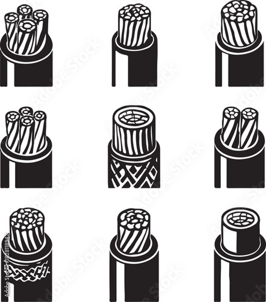 Fototapeta Set of nine stylized electrical cable cross-sections on white background
