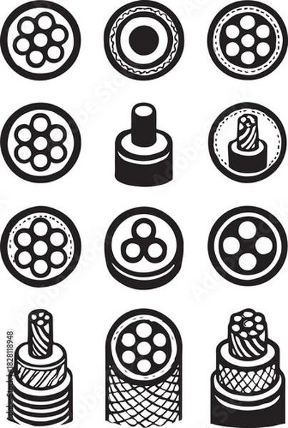 Fototapeta Set of vector icons representing different types of electric cables and connectors