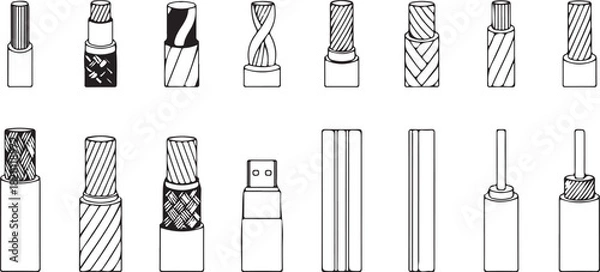 Fototapeta Collection of wire and cable cross-sections and types, line art illustration