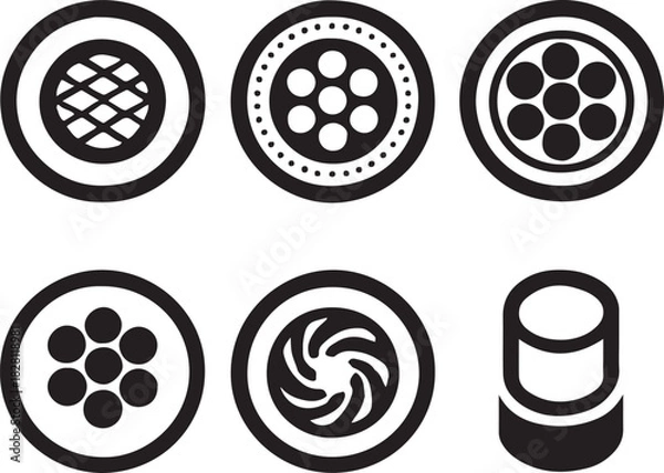 Fototapeta Collection of circular icons representing wire cables and elements, abstract geometric design
