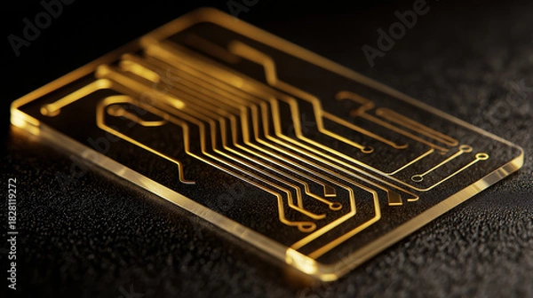 Obraz Elegant transparent circuit board card with golden electronic lines in dark high tech studio setting