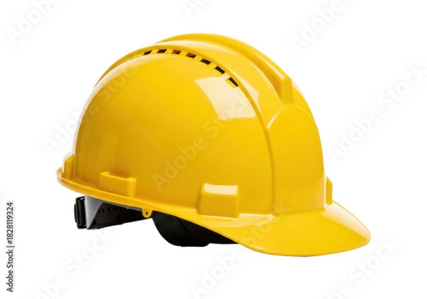 Fototapeta A bright yellow safety helmet with a glossy finish and ventilation holes, displaying a black internal suspension system, angled slightly against a pristine transparent background with soft shadows
