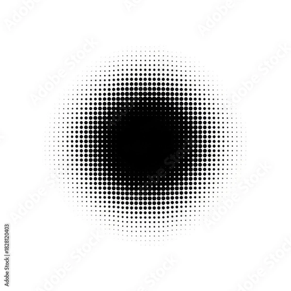 Fototapeta A central, abstract, circular halftone pattern with black dots varying in size, denser at the center and decreasing outwards, creating a smooth radial gradient on a transparent background,