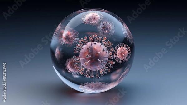 Fototapeta Stylized virus particle enclosed in transparent sphere representing scientific research visualization in studio setting
