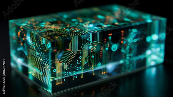 Obraz Transparent acrylic block with intricate glowing green and gold circuitry representing advanced digital technology