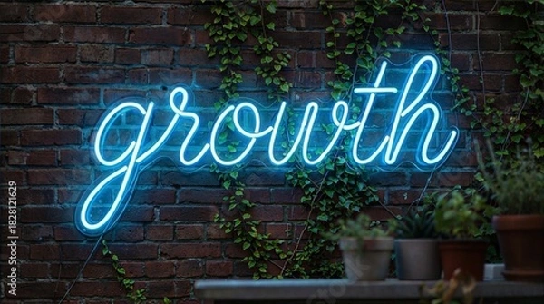 Obraz Growth neon sign on brick wall with ivy